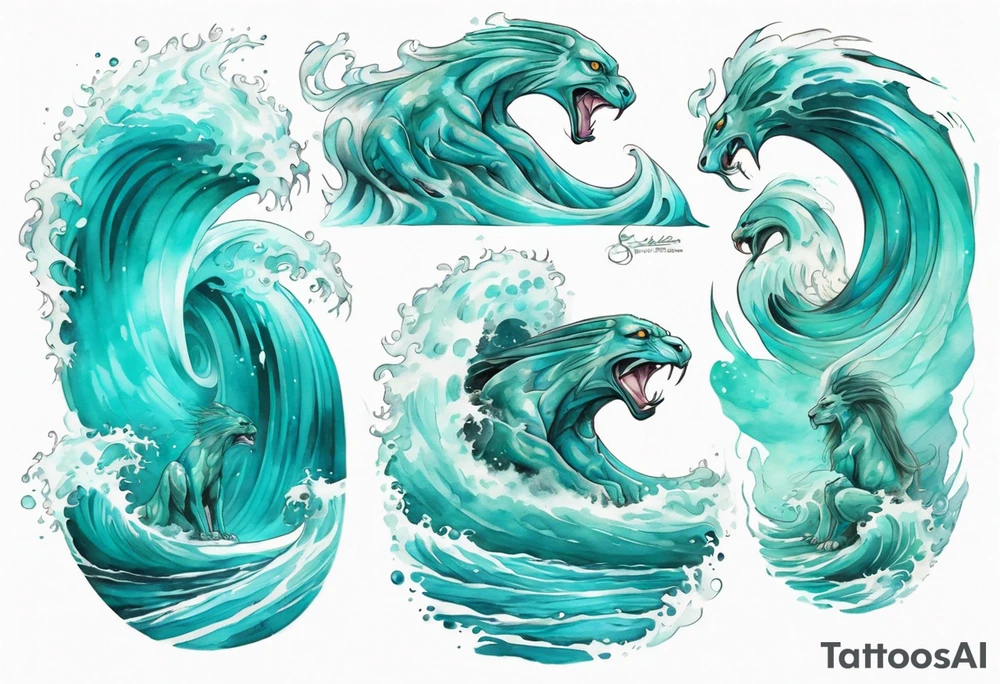 a beautiful turquoise sphinx emerging from an ocean wave, crashing onto the shore tattoo idea