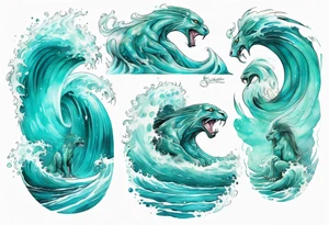 a beautiful turquoise sphinx emerging from an ocean wave, crashing onto the shore tattoo idea