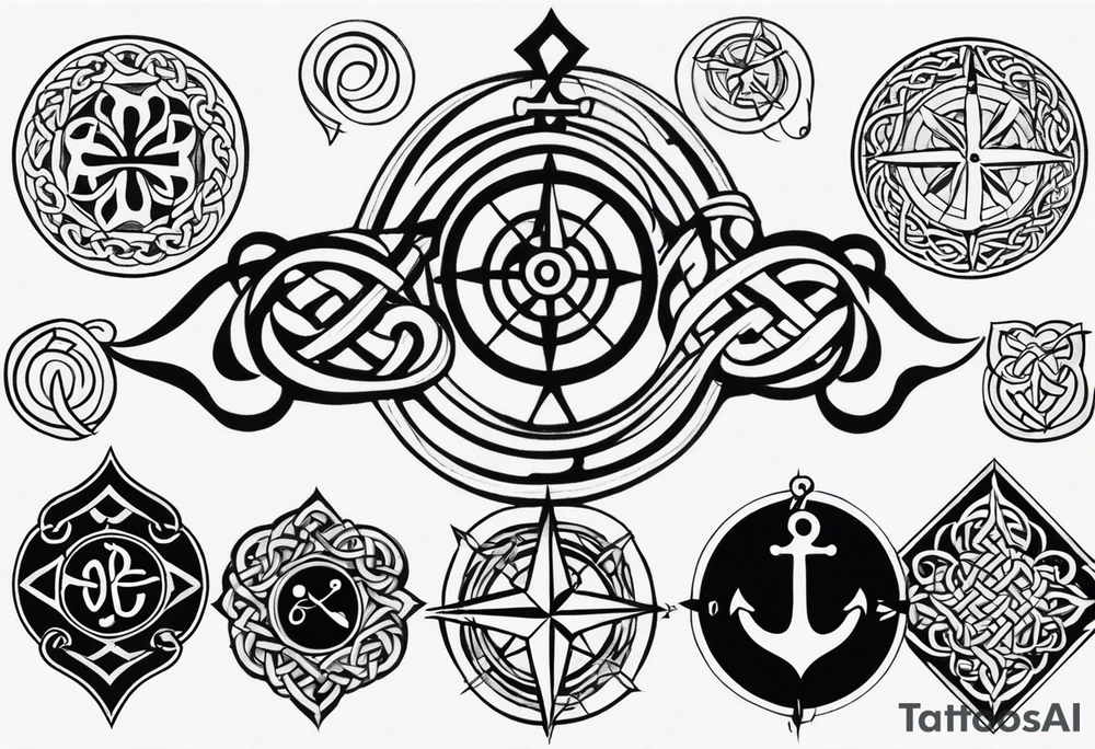 Celtic styling, anchor, compass, bass clef note, treble clef note, dog paw print, half sleeve, forearm tattoo idea