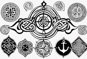 Celtic styling, anchor, compass, bass clef note, treble clef note, dog paw print, half sleeve, forearm tattoo idea