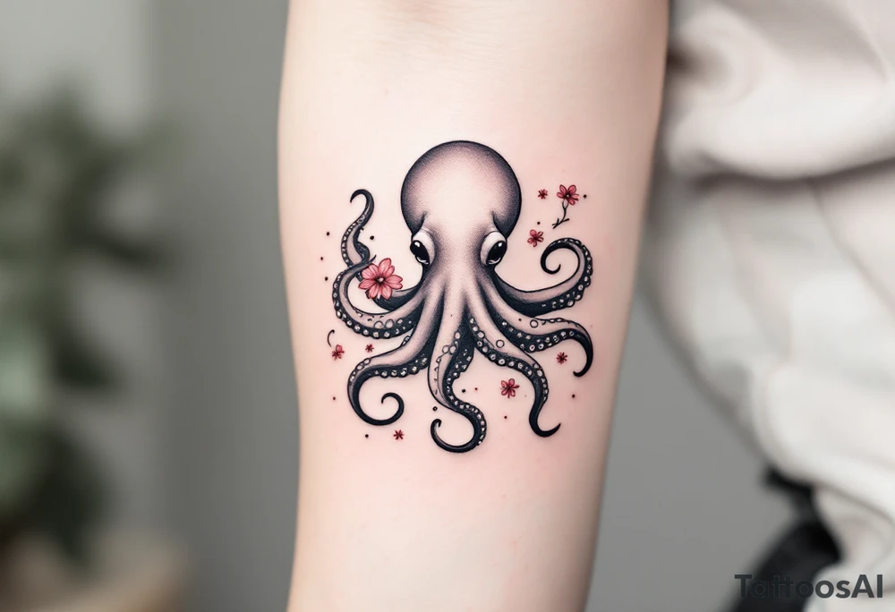 A small realistic black and grey tattoo of an octopus, cute, with detailed shading and soft linework, showing the octopus with swirling tentacles, on light skin. ornamental flowers around with red ink. The style is minimalistic and elegant, resembling fine-line tattoo with a shadow tattoo idea