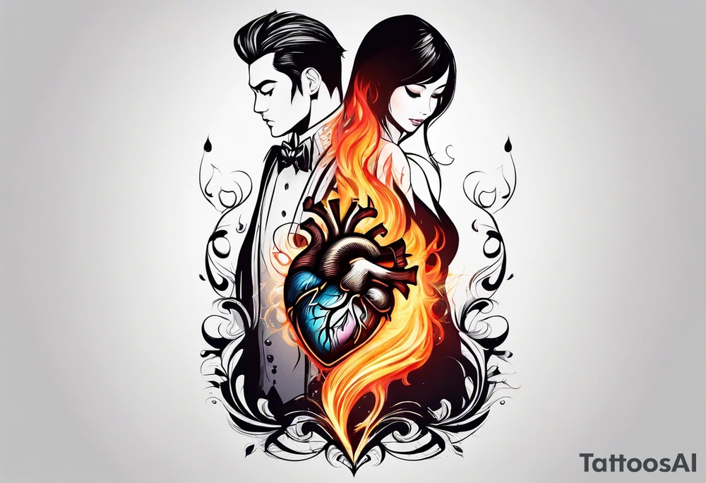 A girl with an empty heart and a guy with a burning heart. They stand back to back tattoo idea