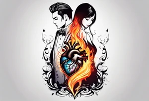 A girl with an empty heart and a guy with a burning heart. They stand back to back tattoo idea