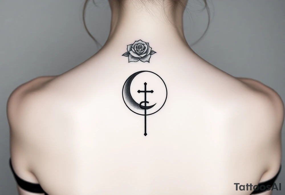 Tattoo with Lilith  symbol  (half moon with cross beneath) a loose knot and a rose around the top half of the half moon tattoo idea