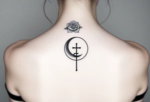Tattoo with Lilith  symbol  (half moon with cross beneath) a loose knot and a rose around the top half of the half moon tattoo idea