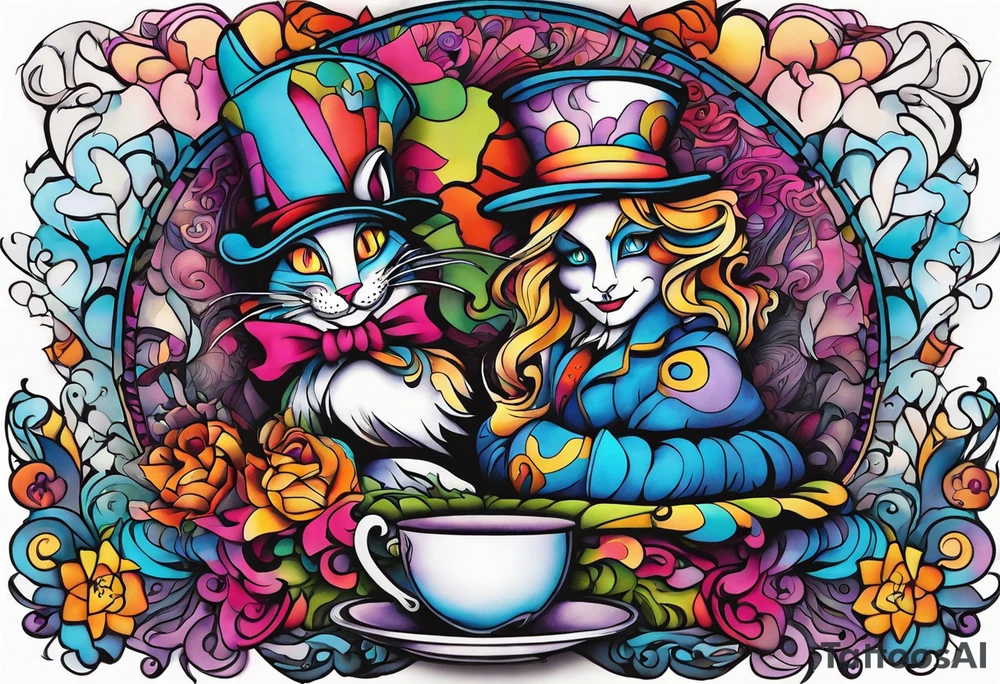 Alice in wonderland themed very colorful with mad hatter and Cheshire Cat psychedelic vibe tattoo idea