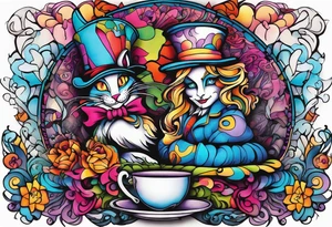 Alice in wonderland themed very colorful with mad hatter and Cheshire Cat psychedelic vibe tattoo idea