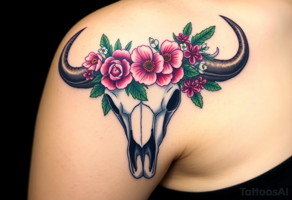 Buffalo skull with flowers. Peony, snowdrop, holly with berries, larkspur, peony. Colour. For upper arm or shoulder. Masculin. tattoo idea