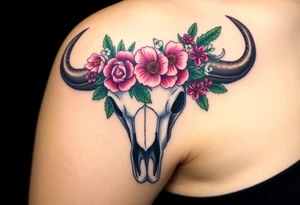 Buffalo skull with flowers. Peony, snowdrop, holly with berries, larkspur, peony. Colour. For upper arm or shoulder. Masculin. tattoo idea