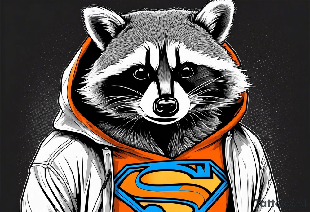 Raccoon wearing an orange Superman hoodie tattoo idea