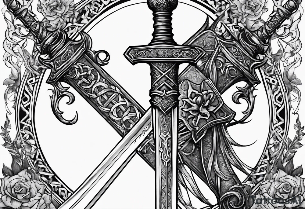 sword with satanic symbols tattoo idea
