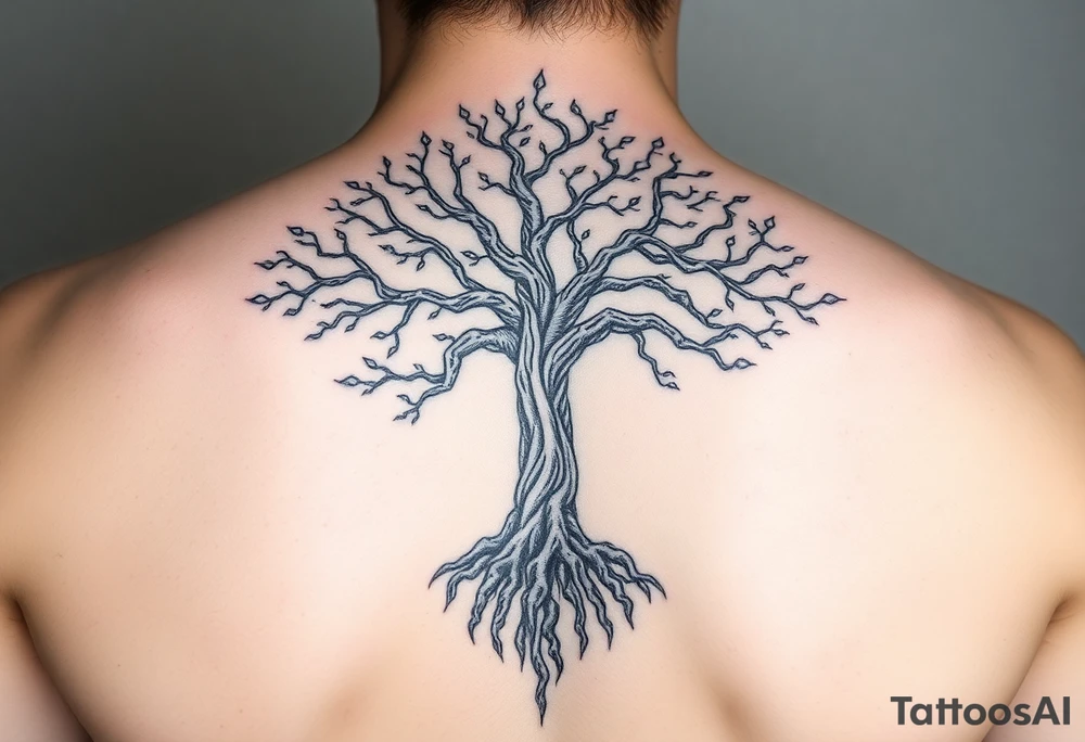 mystical tree of life with cosmic roots and celestial branches tattoo idea