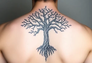 mystical tree of life with cosmic roots and celestial branches tattoo idea