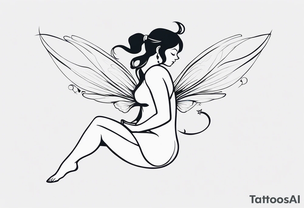 Minimalistic, monochromatic fairy with a tail flying to the left in a fetal position, leaning and looking in the same direction, with visible hands, embodying the 'Fairy Tail' logo aesthetic. tattoo idea