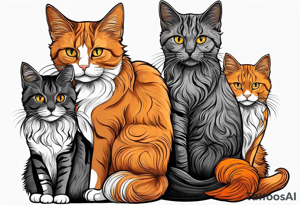 3 cats, A Maine coon cat, a orange long hair cat, a shorthair black gray tattoo idea