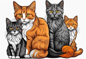 3 cats, A Maine coon cat, a orange long hair cat, a shorthair black gray tattoo idea