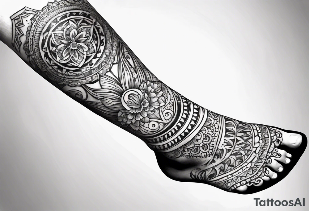 Hindu Sanskrit tribal design on right lower leg, below knee to top of feet tattoo idea