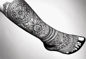 Hindu Sanskrit tribal design on right lower leg, below knee to top of feet tattoo idea