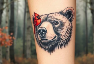 Cardinal sitting on a bear’s nose. The bear looks happy. Forest background tattoo idea