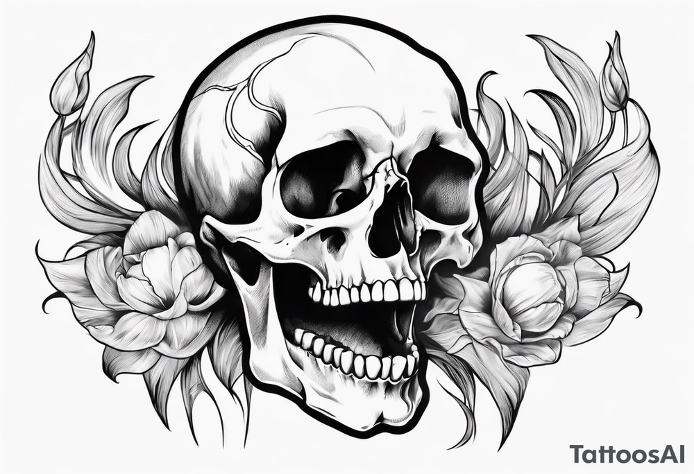 female skull with long hair, from side, tulip steem between teeths tattoo idea female skull with long hair, from side, tulip steem between teeths tattoo idea