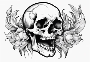 female skull with long hair, from side, tulip steem between teeths tattoo idea