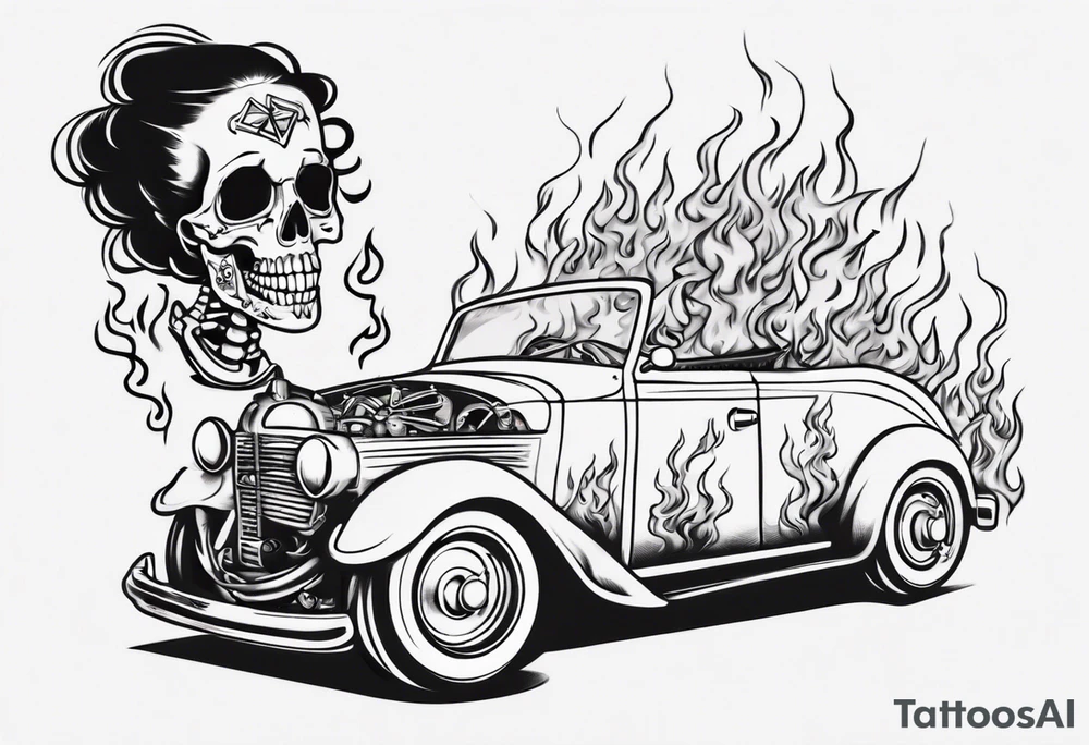 pinup doll driving a old car through flames and skeletons tattoo idea
