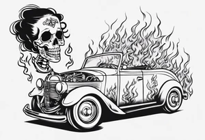 pinup doll driving a old car  through flames and skeletons tattoo idea