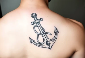 weathered anchor wrapped in nautical rope with sea waves tattoo idea