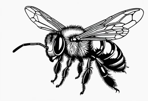 flying bee flying, side view, "10X" text below it, flying bee, bee in flight tattoo idea