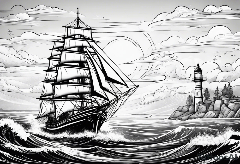 phare maritime dans un bateau a voiles. tattoo idea