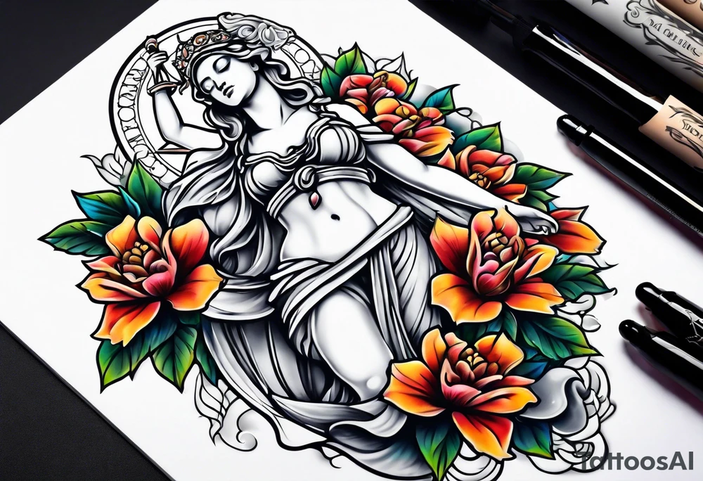 Sleeve with lady justice and flowers tattoo idea