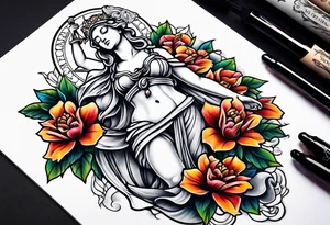 Sleeve with lady justice and flowers tattoo idea