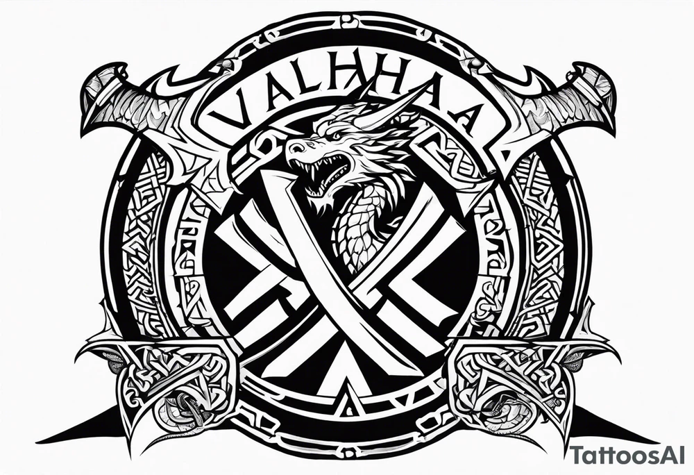 Valhalla sword shield dragon axe Valknut tattoo idea