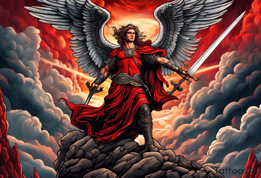 Michael the Archangel standing over satan with sword.  Clouds and lightning in background.  Red lava below satan under a rock tattoo idea