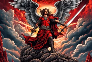 Michael the Archangel standing over satan with sword.  Clouds and lightning in background.  Red lava below satan under a rock tattoo idea