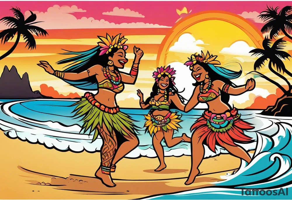 dancing tiki gods with sexy hula women having a dance part on the beach with a sunset in the center of the image tattoo idea