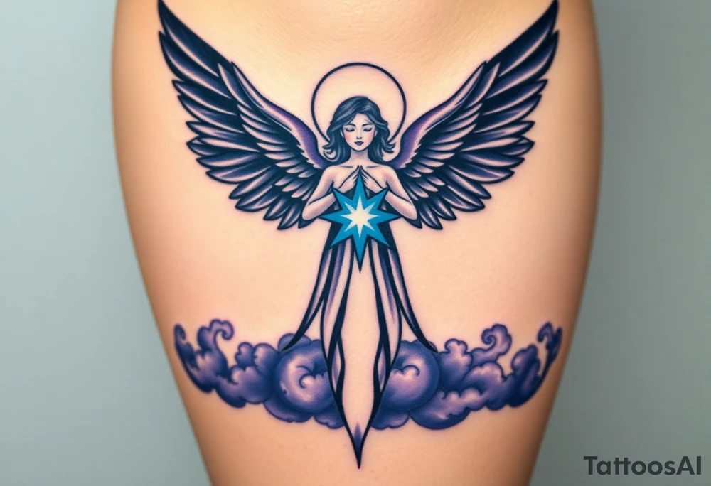 A celestial angel figure  with dark wings and a radiant star in the center of its chest, surrounded by clouds of dark blue and deep purple. tattoo idea