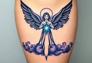A celestial angel figure  with dark wings and a radiant star in the center of its chest, surrounded by clouds of dark blue and deep purple. tattoo idea