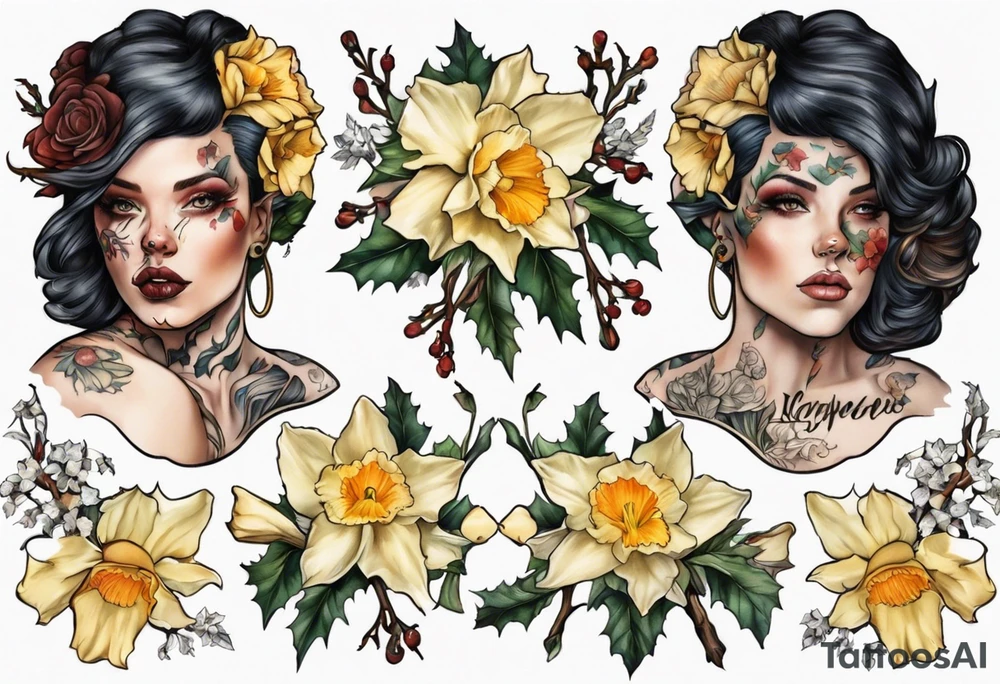 OAKLEE with Narcissus and holly flowers tattoo idea