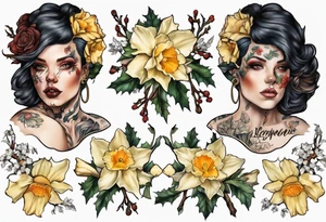 OAKLEE with Narcissus and holly flowers tattoo idea