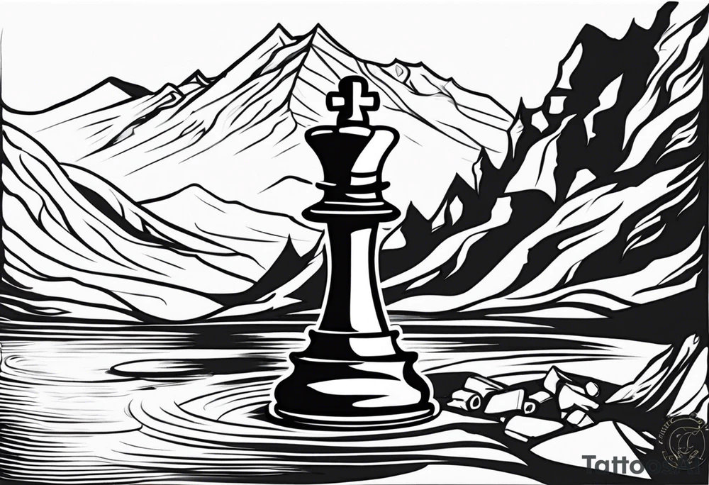 chess queen piece contour with mountain river flowing out of it tattoo idea