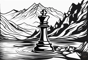 chess queen piece contour with mountain river flowing out of it tattoo idea