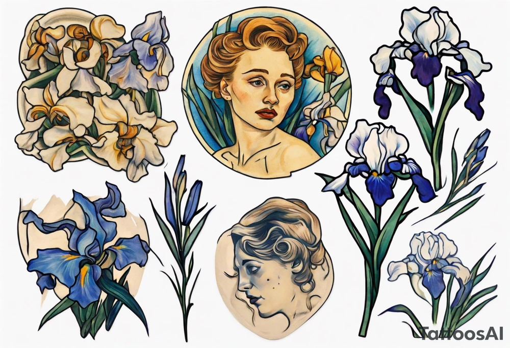 A small condensed tattoo with Van Gogh Irises on the upper left chest of a woman tattoo idea