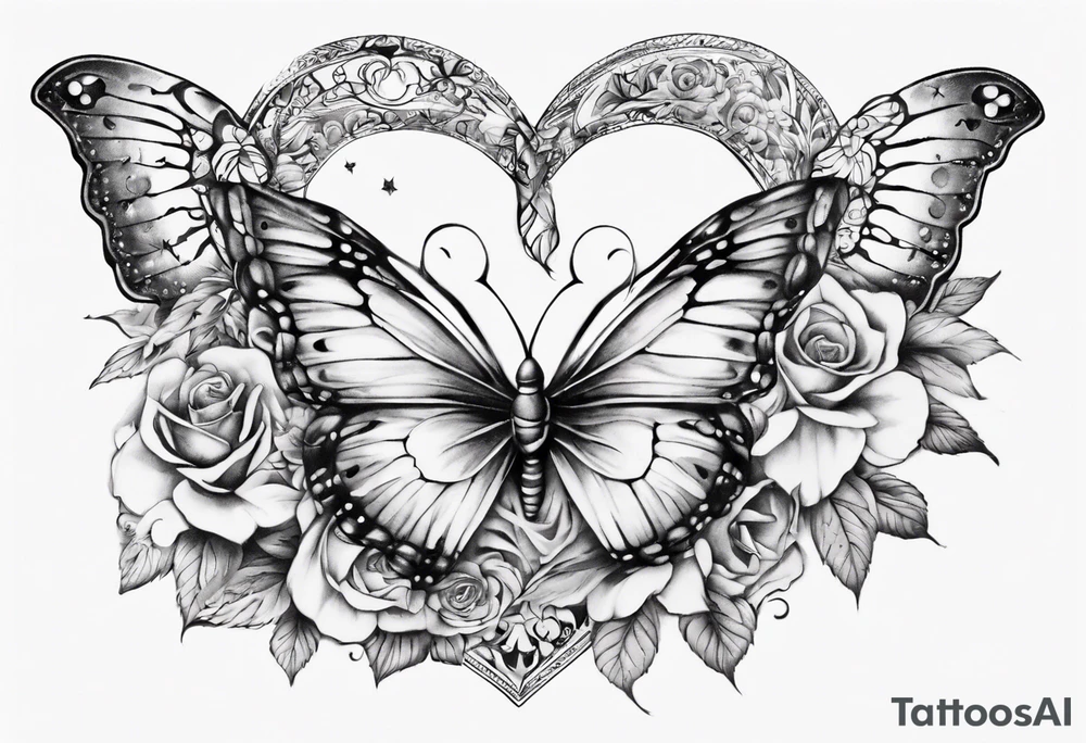 Butterfly wrap tattoos with large centre piece with moon and floral theme and heart. Bracelet around ankle show on higher ankle tattoo idea