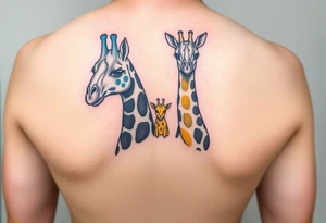 Dos jirafas hermanas. El hermano mayor de color azul y la pequeña de color amarillo. Un diseño minimalista con color y para un tatuaje pequeño. tattoo idea