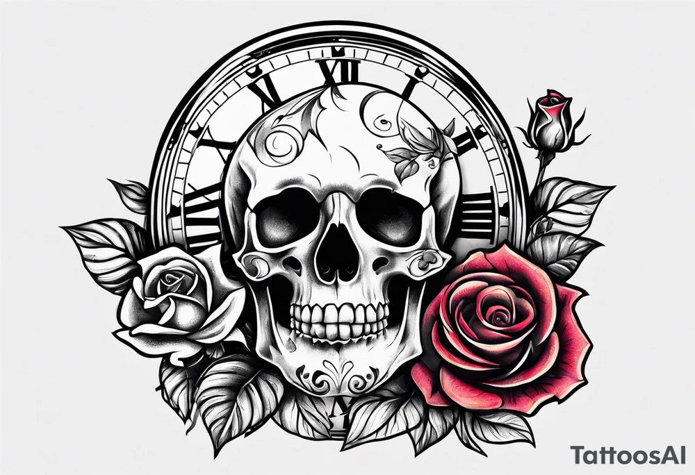 Skeleton with roses with clock tattoo tattoo idea