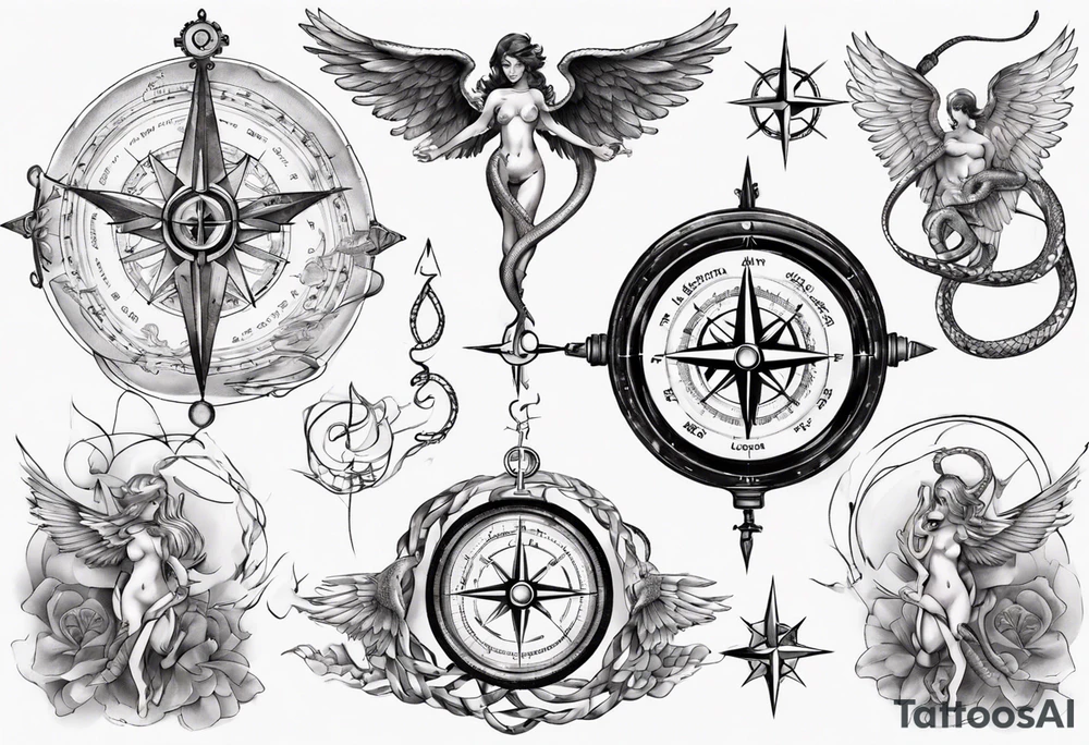 Compass tatoo with Gemini angels and snake tattoo idea