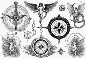 Compass tatoo with Gemini angels and snake tattoo idea