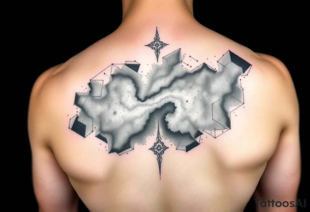 full milky way that covers the upper middle back and is geometric that also uses negative spaces to create a nebula tattoo idea