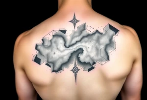 full milky way that covers the upper middle back and is geometric that also uses negative spaces to create a nebula tattoo idea